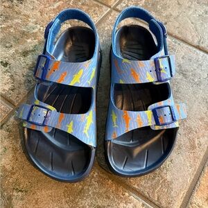 Birkis Blue Sandals with Orange and Yellow Accents size 40